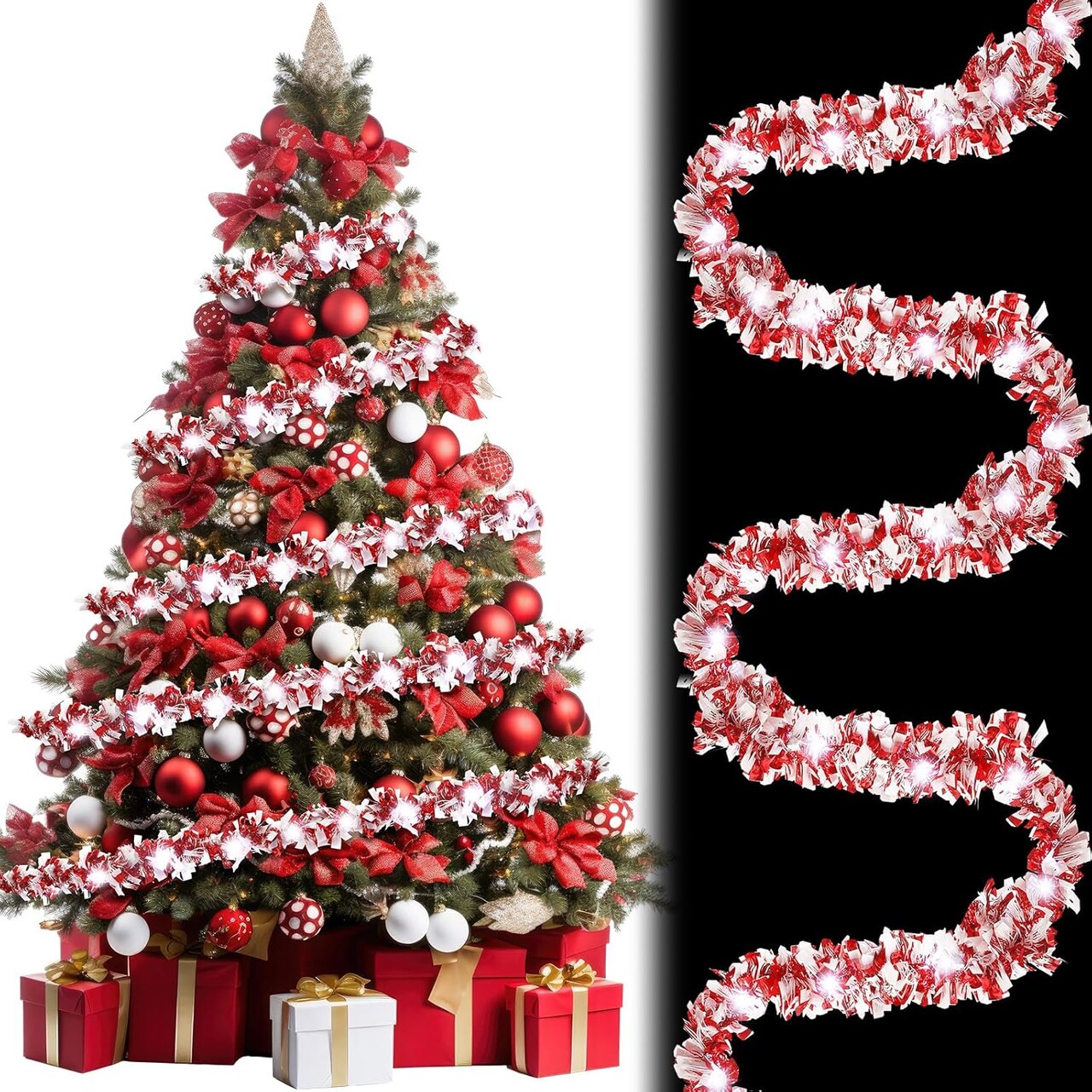 16.4 ft Christmas Tinsel Garland Lighted Metallic Twist Garland with 50 LED Lights